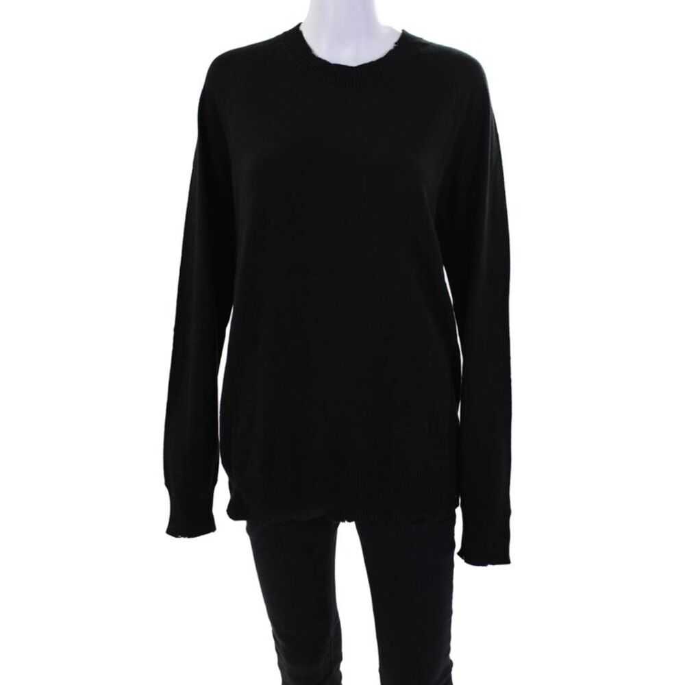 Philanthropy Womens Long Sleeve Crew Neck Distressed Trim Sweater Black Small